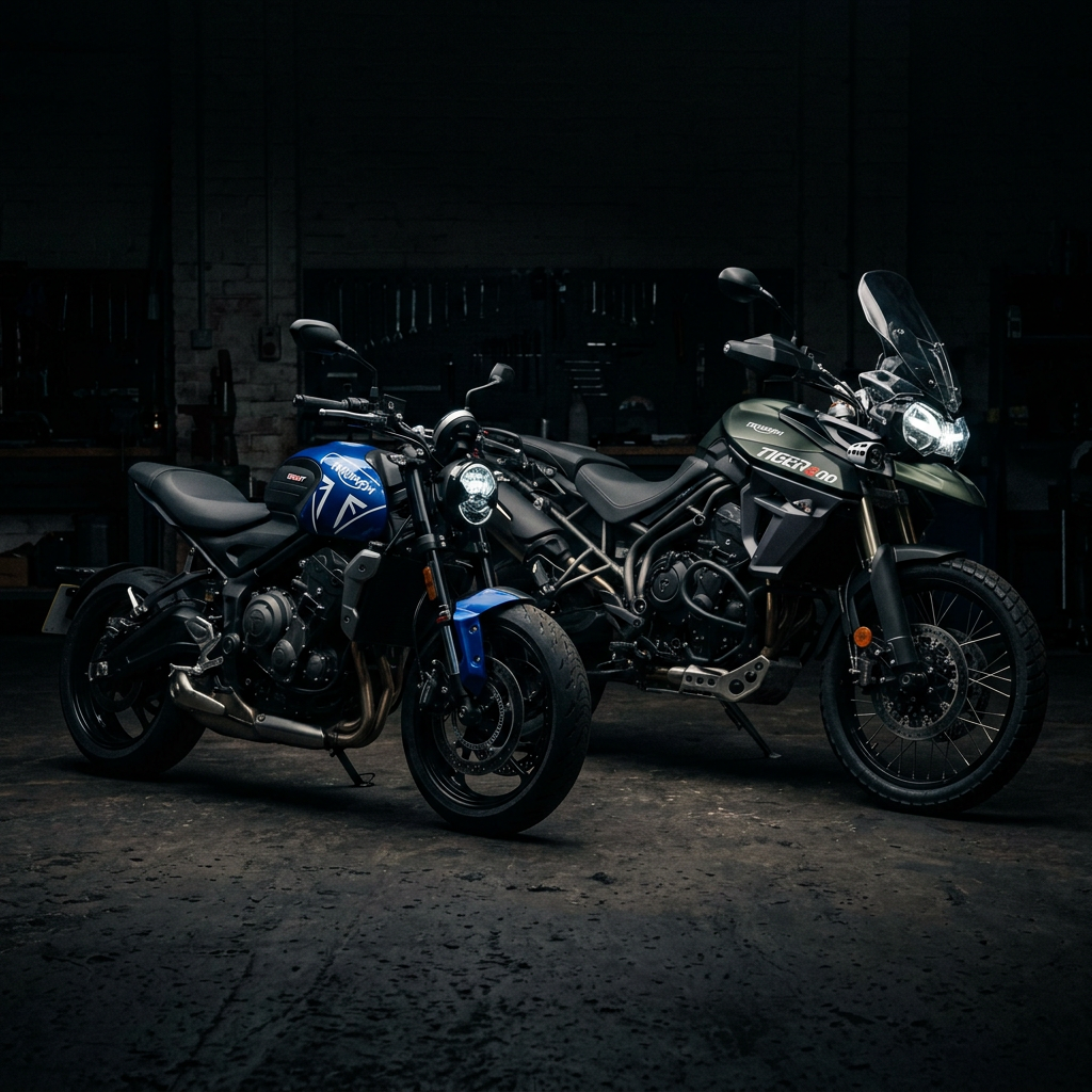 Two Triumph motorcycles parked inside a dark industrial workshop