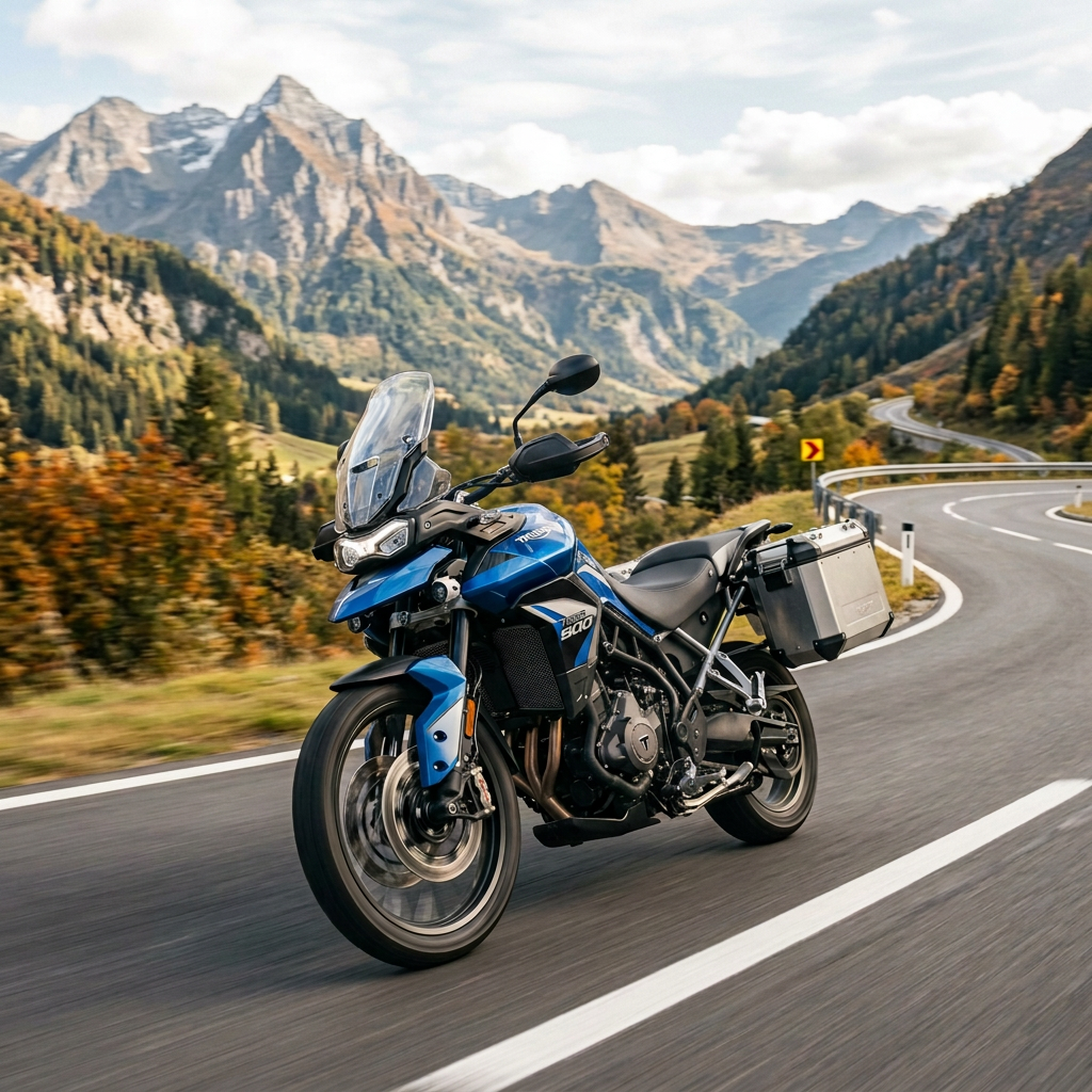 Motorcyclist riding a blue touring motorcycle on a winding mountain road