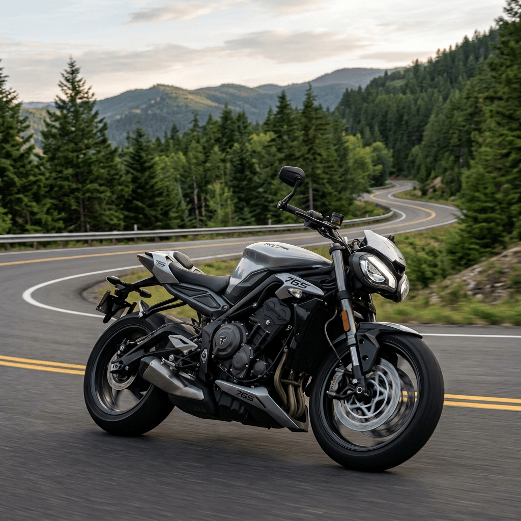 Motorcyclist riding a black motorcycle along a winding mountain road