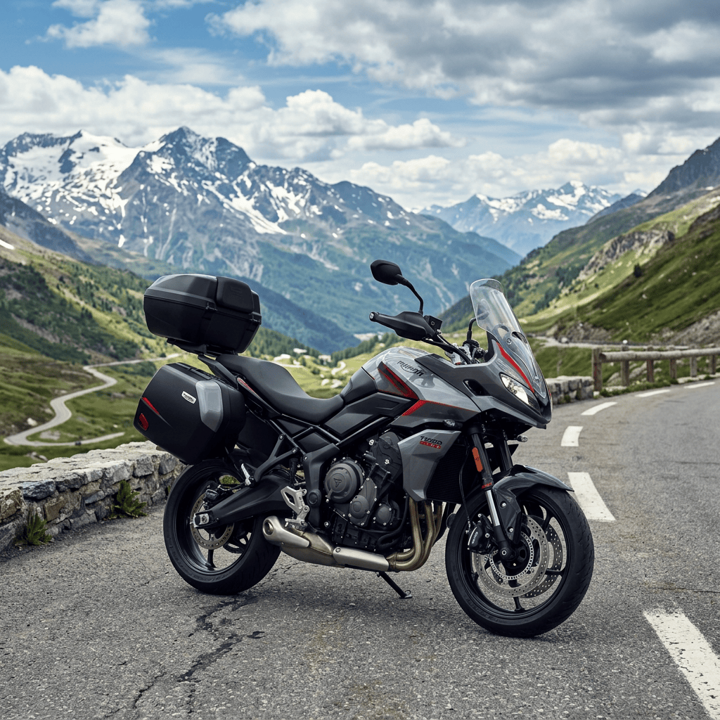 Touring motorcycle parked on an alpine road beneath snow-capped mountains