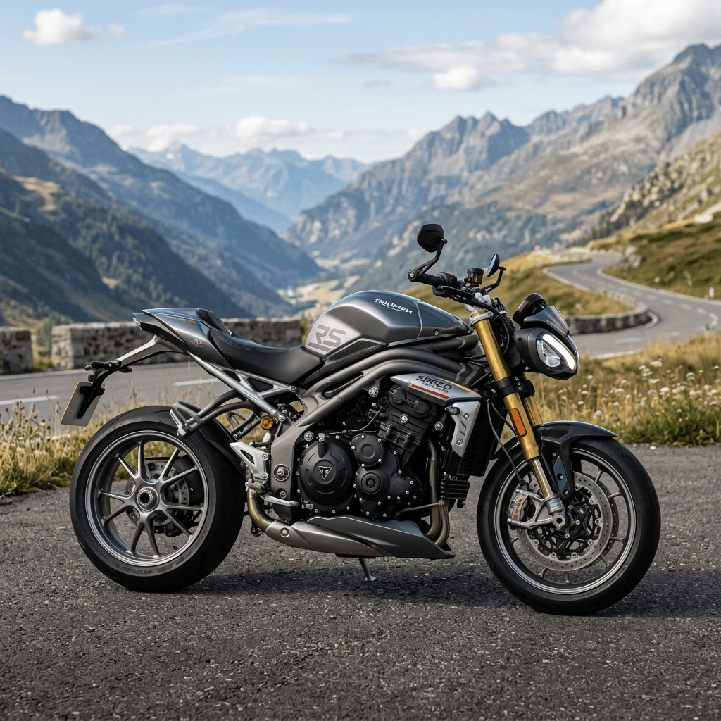Black Triumph Speed Triple motorcycle parked on an alpine mountain road