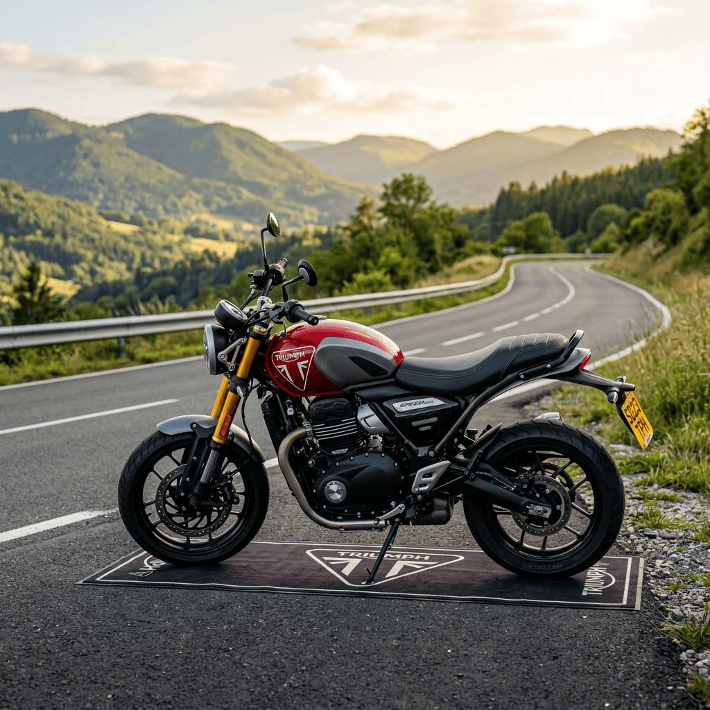 Red Triumph motorcycle parked on a mountain road with forested hills