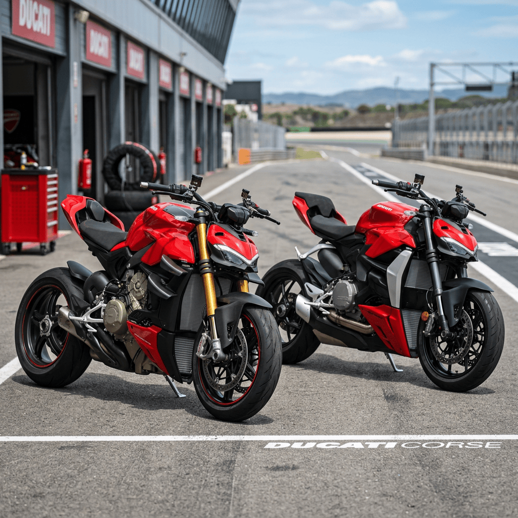 Two red Ducati motorcycles parked in a racetrack pit lane