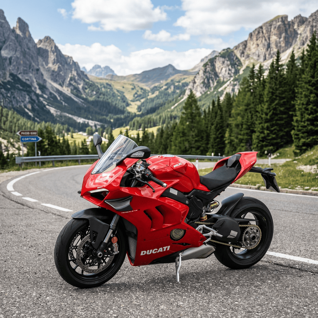 Red Ducati sport motorcycle parked on a winding Alpine road near Cortina