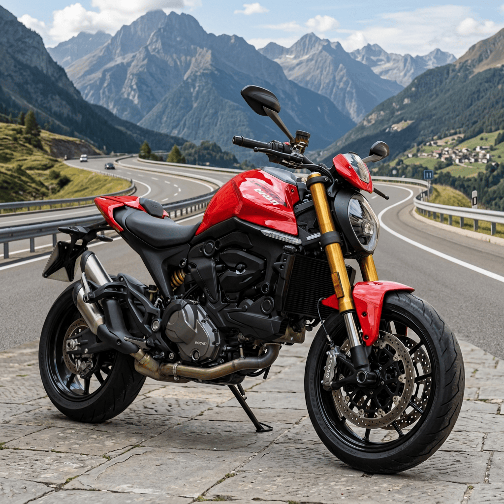 Red Ducati motorcycle parked on a stone village street