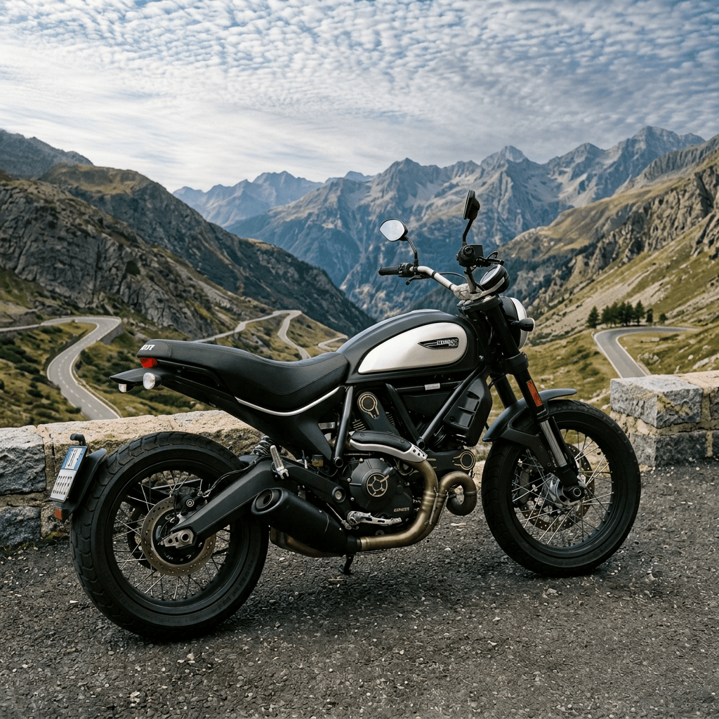 Yellow motorcycle parked on a cliffside road overlooking the sea