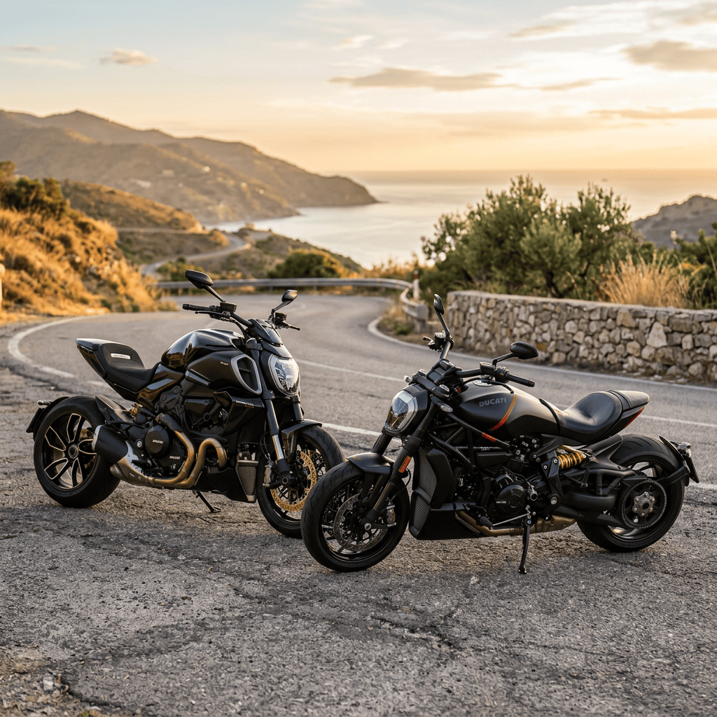 Two Ducati motorcycles parked on a winding coastal road overlooking the sea